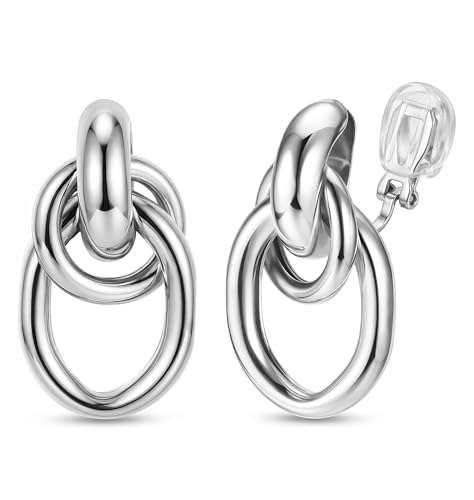 ORAZIO Clip On Earrings Women Geometric Statement Unique Non Pierced Earrings 14K Gold Plated Knot Chunky Drop Dangle Hoop Stud Clip-on Earrings for Women Trendy - color: Style B-Silver Plated