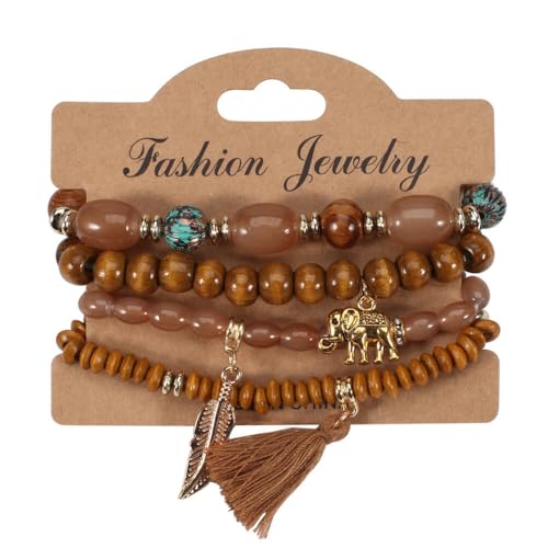 4Pcs Bohemia Multilayer Stackable Elephant Leaf Tassel Bracelets Colorful Wooden Resin Beaded Stretch Bracelets for Women Men Summer Beach Boho Vacation Hawaii Jewelry Gifts - style: StyleC