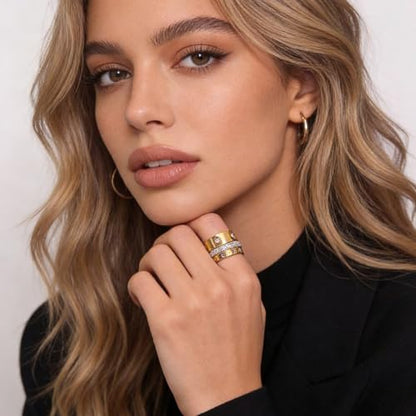 Love Friendship Gold Rings Set for Women 18K Gold Plated Titanium Steel Dainty Cubic Zirconia Rings Fashion Stacking Bands Valentines Day Mother's Day Christmas Day Best Gifts - color: Gold