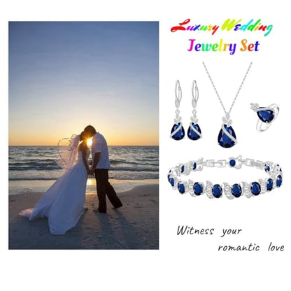 LMXXVJ Jewelry Set for Women,Teardrop Cubic Zirconia Necklace Earrings Adjustable Ring Bracelet Jewelry Set Formal Jewelry Gift - color: SYSD-White Gold-Blue