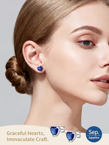 FindChic 2 Carat Birthstone Stud Earrings for Women, Round/Heart/Princess Cut Stud Earrings, Hypoallergenic Studs with 925 Sterling Silver Posts, 12 Months Birthday Jewelry Gift - color: 09. September-Sapphire(Heart Cut)