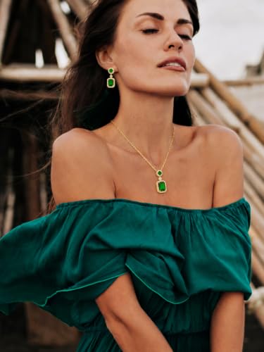 2pcs Cubic Zirconia Wedding Jewelry Sets for Women - Elegant CZ Necklace and Earrings Set with 18K Gold Plated Chain Jewelry Perfect as Special Occasion Gift - color: Green