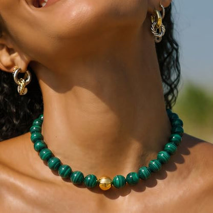 Multicolor Chunky Beaded Necklace, Statement Colorful Round Ball Beads Choker Necklace with Gold-Tone Adjustable Chain, Fashion Bold Neck Jewelry for Women - color: 16mm-Dark Green