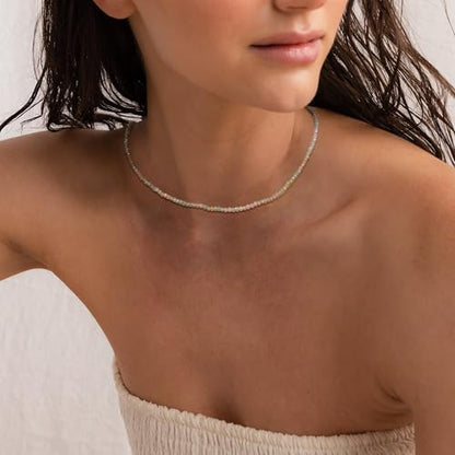 JSJOY Tiny Crystal Beaded Choker Necklaces for Women Colorful Beaded Necklace Dainty Choker Necklaces Simple Boho Jewelry Gifts for Teens Handmade Shining Bead Necklaces Gifts - color: Light Green