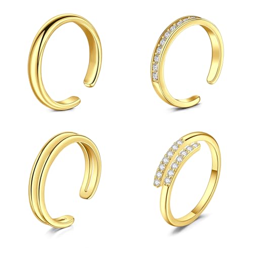 Briana Williams Toe Rings for Women Gold Toe Ring Adjustable Silver Open Band Rings Simple Wave Diamond Barefoot Beach Foot Jewelry for Summer - color: A1 -4pcs, gold