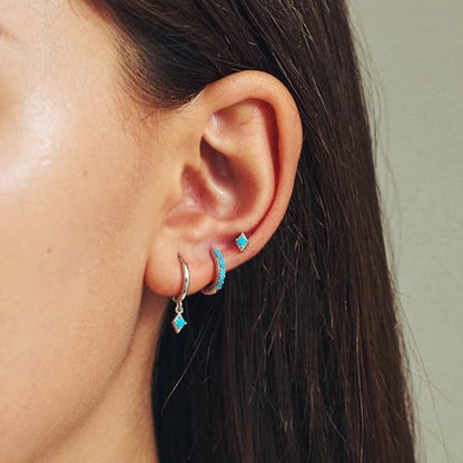 3 Pairs Mini Hoop Earrings Set Turquoise Cubic Zirconia Huggie Hoop Cartilage Earring Ear Cuff for Women (Turquoise/CZ) - color: *Turquoise-C
