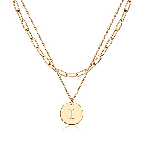 Valloey Rover Initial Necklaces for Women 14K Gold Plated Dainty Letter Necklce Round Coin Disc Pendant Double Side Engraved A-Z Necklace Personalized Jewelry Gift for Women - color: Layer-I