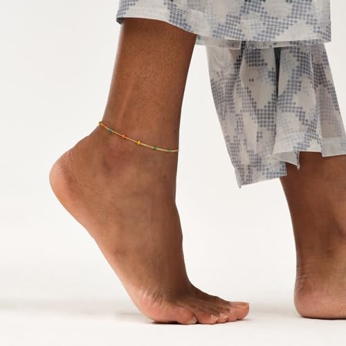 MEVECCO Anklet for Women Gold Chain 14K Gold Plated Dainty Boho Beach Summer Simple Foot Jewelry Ankle Bracelet - style: Enameled Multicolor Ball