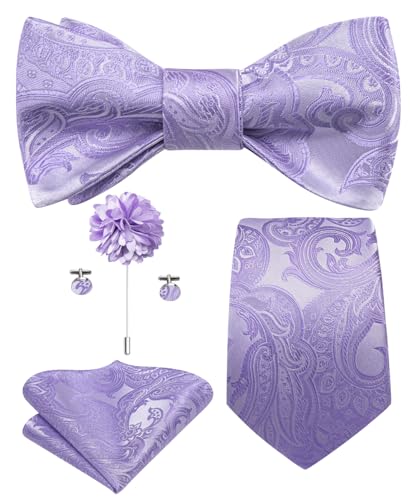 Hi-Tie 5Pcs Mens Solid Color Silk Tie Satin Pretied Bowtie Lapel Pin for Men Handkerchief Cufflink Wedding Gift Box - color: Lavender Purple-self Tie
