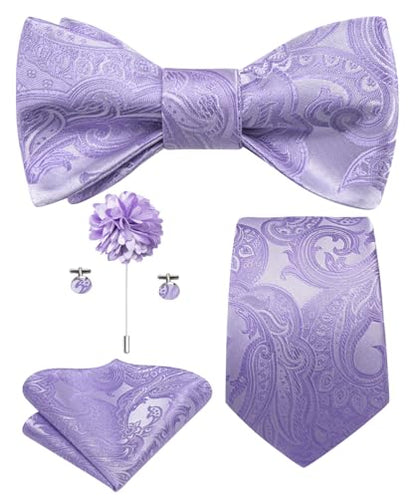 Hi-Tie 5Pcs Mens Solid Color Silk Tie Satin Pretied Bowtie Lapel Pin for Men Handkerchief Cufflink Wedding Gift Box - color: Lavender Purple-self Tie