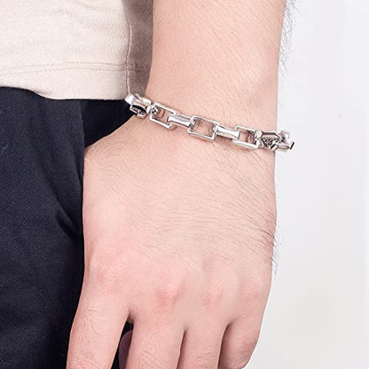 H&Beautimer Solid 925 Silver Bracelet Italian Handmade 0.35/0.4 Inch Box Chain Bracelet for Men's 7,7.5,8,8.5,9,9.5,10 Inch Hip Hop Style Jewelry - color: Silver, size: 7 inches