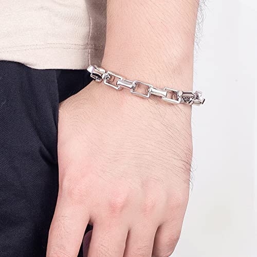H&Beautimer Solid 925 Silver Bracelet Italian Handmade 0.35/0.4 Inch Box Chain Bracelet for Men's 7,7.5,8,8.5,9,9.5,10 Inch Hip Hop Style Jewelry - color: Silver, size: 10 inches