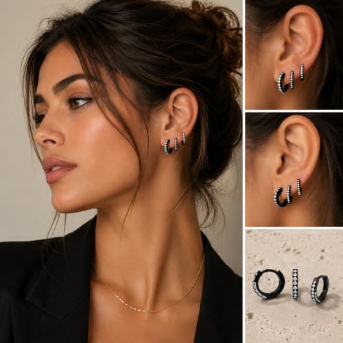 micuco 3 Pairs Small Hoop Earrings Tiny Cartilage Earrings for Women Men | Cubic Zirconia Earrings Huggie Hoop Ear Piercing Earrings for 8mm 10mm 12mm - color: 9# Black 10-10-10mm