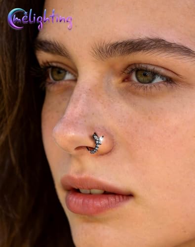 Melighting 20G Butterfly Nose Ring Hoop 8 mm Open Seamless Nose Piercing Jewelry Surgical Steel 316L, Twist Nostril Ring with Marquise and Round CZ, Silver Flower Body Piercing for Women - style: Butterfly Black