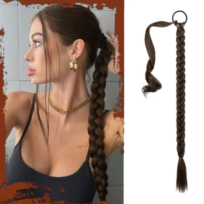 Long Braid Ponytail Extension with Hair Tie Straight Sleek Wrap Around Hair Extensions Braid Pony Tail Fluffy Natural Soft Synthetic Hairpieces for Women Daily Wear, 26 inch - color: Black Mixed with Browns, size: 26 Inch (Pack of 1)