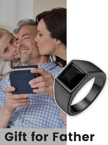 KeyStyle Square Gemstone Signet Rings for Men, Personalized Stainless Steel Pinky Ring with Black Onxy Blue Topaz Birthstone Statement Ring - color: Black -Black Onyx - 8mm