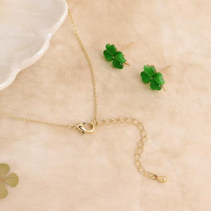 Gold Silver Stud Earrings Pendent Necklace Sets for Women, Dainty Rhinestone Crystal Necklace Earing Jewelry Set Wedding Accessories Fashion Holiday Gift - color: Green Four Leaf Clover St. Patrick's Day