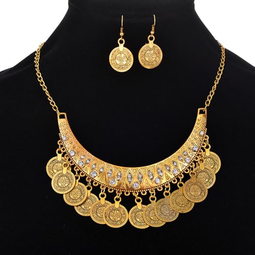 Chunky Coin Necklace Earrings Set,Bohemia Plated Gold Coin Tassel Personalized Choker Earrings,Ethnic Gypsy Statement Jewelry Set for Women - color: Gold