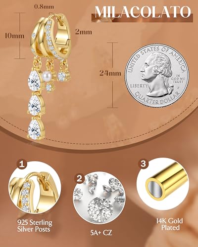 MILACOLATO 925 Sterling Silver Dangle Earrings for Women Hypoallergenic | Trendy 14K Gold Plated Triple Huggie Hoop Earrings Dainty Chain Drop Cubic Zirconia Earring Statement Hoops Fashion Jewelry - color: CZ Chain