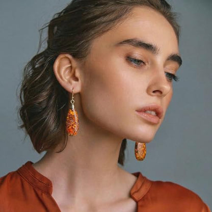 Natural Healing Teardrop Stone Leverback Dangle Drop Earrings Statement Gold earrings - color: Orange -Gold