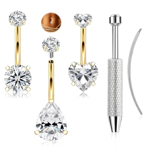 ONESING 14G Belly Button Rings Hypoallergenic Surgical Stainless Steel Belly Rings for Women Round Heart Teardrop Cubic Zirconia 12MM Navel Piercing Jewelry Barbell Studs with Tools - color: Gold-14G