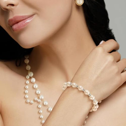 Glenmal Pearl Rhinestone Jewelry Set for Women Pearl Necklace Bracelet Earrings for Wedding Halloween Bridal Shower Tea Party - style: Casual Style