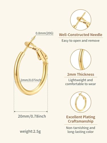 FindChic Thin Hoop Earrings for Women,Silver/Black/Gold Plated 20-100mm - color: Gold, size: 20mm