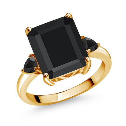 Gem Stone King 6.01 Cttw Black Onyx 3-Stone Ring For Women | 18K Yellow Gold Plated Silver | Emerald Cut 12X10MM | Gemstone Birthstone | Three Stone Wedding Anniversary Promise Ring