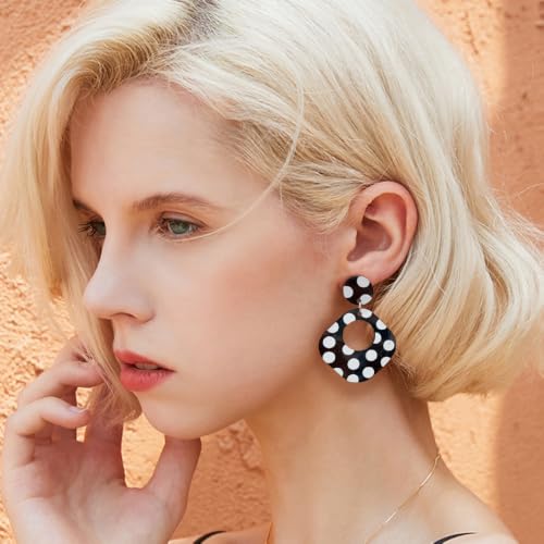 Polka Dot Black White Dangle Drop Earrings for Women | Cute Geometric Resin Statement Dangling Stud Fashion Y2K Jewelry - color: Rectangle