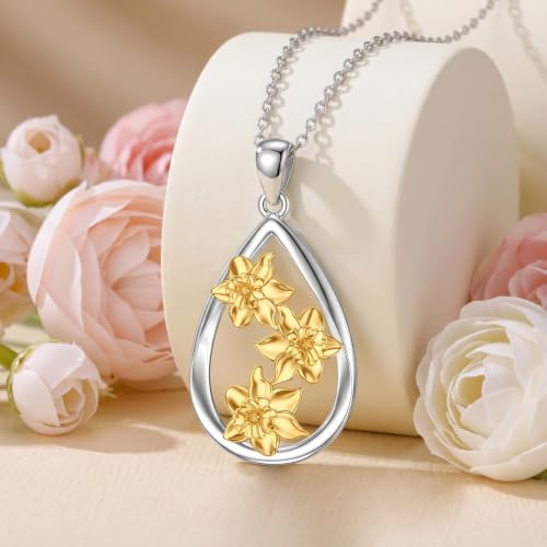 12 Month Birth Flower Necklace for Women 925 Sterling Silver Floral Teardrop Pendant Birthday Jewelry Gifts - color: 12. December Narcissus