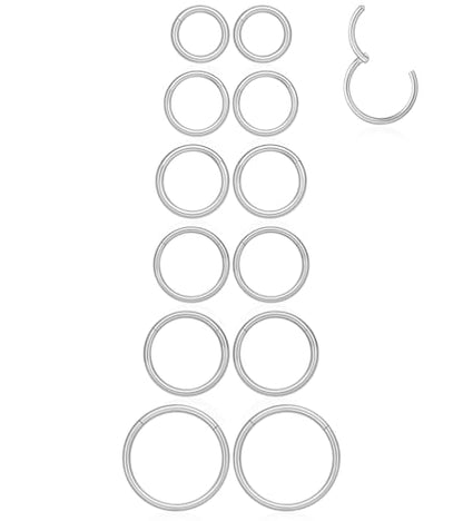 16G 6MM 7MM 8MM 9MM 10MM 12MM Hinged Clicker Septum Rings Pack Surgical Stainless Steel 16 Gauge Nose Ring Daith Rook Tragus Helix Cartilage Conch Hoop Earrings Piercing Jewelry for Women Men - color: Silver Tone