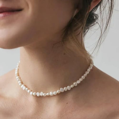 PEARLADA Turquoise Beaded Choker Necklace Chakra Stone Necklace Adjustable - color: White Freshwater Pearl 6-6.5mm