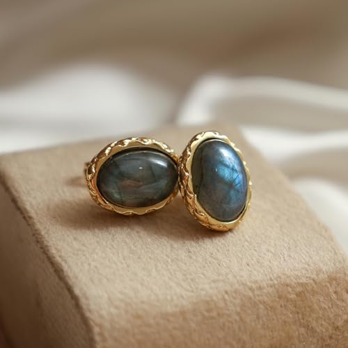 Gempires Bold Oval Gemstone Stud Earrings for Women – Natural Healing Stone Jewelry 14K Gold-Plated Hypoallergenic Tarnish-Resistant – Bold Statement Studs Gift for Her - style: Labradorite