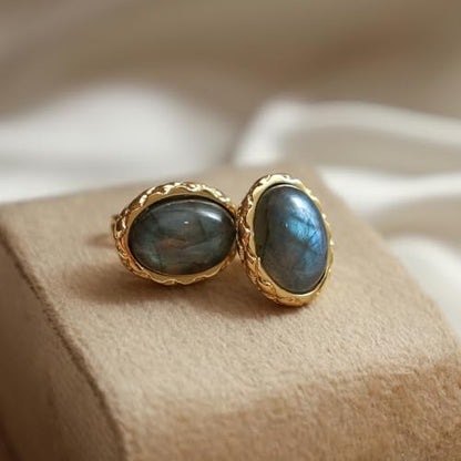 Gempires Bold Oval Gemstone Stud Earrings for Women – Natural Healing Stone Jewelry 14K Gold-Plated Hypoallergenic Tarnish-Resistant – Bold Statement Studs Gift for Her - style: Labradorite
