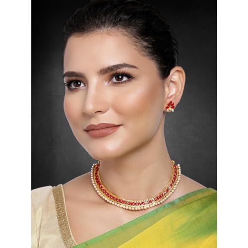 Aheli Ethnic Faux Kundan Pearl Fancy Bridal Choker Necklace Indian Traditional Bollywood Jewelry Set with Earrings Gift for Women - color: Red & White