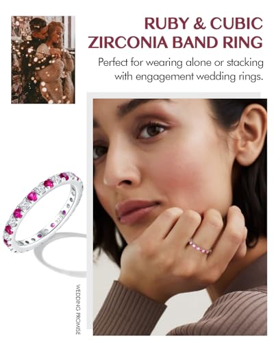 DAYBYDAY Sapphire/Emerald/Ruby Full Eternity Band Rings for Women, 2.4mm Thin Birthstone Stackable Rings, 925 Sterling Silver/14K Gold Plated Gemstone Wedding Band Anniversary Ring Size 6 to 10 - color: 07. Red Ruby & Cz, July