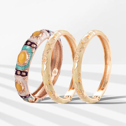 UJOY Womens Multi-Colors Cloisonne Bracelet Plated Flower Hollowed Enameled Hinged Cuff Bangles Jewelry Gift 88A10 - color: 3 Pcs/Set-Yellow-7735