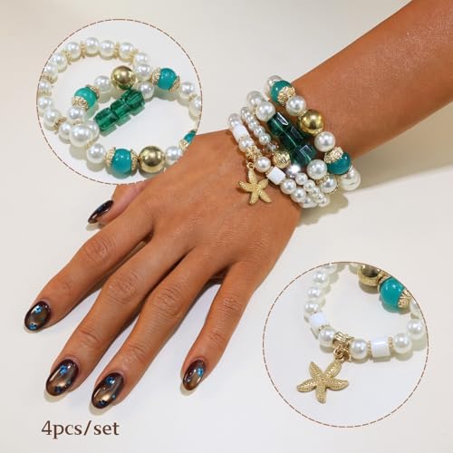 Bohemian Pearl Bracelet Set, 4 Piece Elastic Stretch Beaded Wrist Chain with Starfish Pendant, Boho Faux Pearl Multi-Color Stackable Bracelets for Women - color: Green
