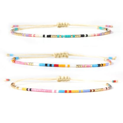 Seed Beaded String Rope Adjustable Bracelets Set for Women Men, Small Colorful Boho Rice 3Pcs Stack Handmade Thin Jewelry, Daily Beach Vacation Friendship Gift - color: Pink Yellow D