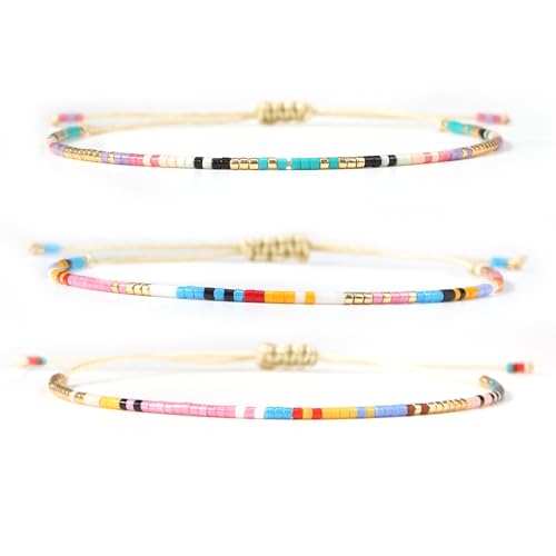 Seed Beaded String Rope Adjustable Bracelets Set for Women Men, Small Colorful Boho Rice 3Pcs Stack Handmade Thin Jewelry, Daily Beach Vacation Friendship Gift - color: Pink Yellow D