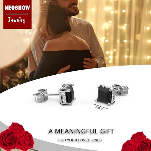 Princess Cut Cubic Zirconia Stud Earrings for Men Women | Square CZ Simulated Diamond Studs, 18K White Gold Plated Sterling Silver, Hypoallergenic - color: Black, size: 4MM