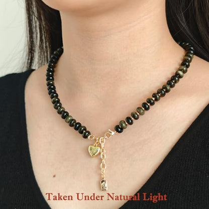 Boho Gemstone Beaded Necklace for Women – Colorful Natural Stone Choker 18K Solid Heart-Shaped Pendant, Summer Beach Jewelry - color: Golden Obsidian