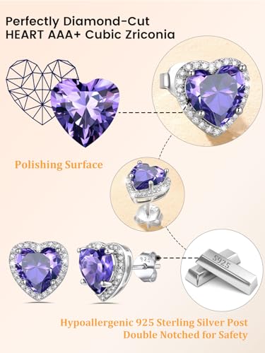 Bestyle Authentic 925 Sterling Silver 2 Carat Birthstone Earrings for Women, More Sparkle Heart/Round Solitaire Diamond Studs Earrings, Great Birthday/Christmas/Anniversary Jewelry for Wife Mother - color: 02. Feb. Amethyst-Heart