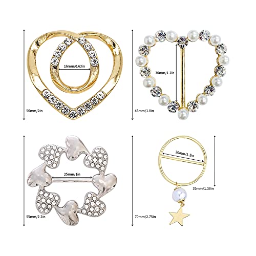 Scarf Tie Buckle Rings for Women,12PCS Metal Party T Shirt Pearls Rhinestone Clips,Clothes Corner Knotted Button for Women Girls Decorative Accessories TXZWJZ