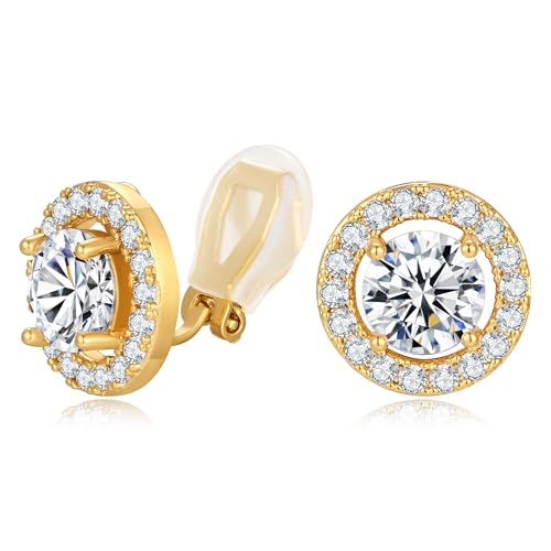 Clip On Earrings for Women Halo Clip-on Non-pierced Earrings Gold Plated Small CZ Studs Dainty Jewelry - color: Round