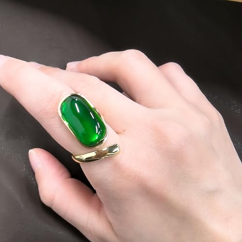 Vintage Imitation Emerald Green Stacking Statement Ring for Women Gold Plated Chunky Wide Geometric Birthstone Adjustable Expandable Open Wrap Rings Comfort Fit Retro Birthday Christmas Jewelry Gift