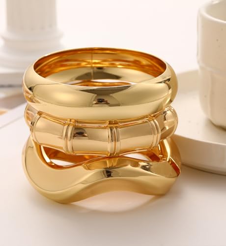 Chunky Gold Bangle Bracelets for Women, 14k Gold Plated Dainty Cuff Stackable Bangles Set, Trendy Bracelet Stack Fashion Jewelry Gifts - color: 04-GOLD