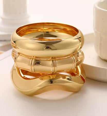 Chunky Gold Bangle Bracelets for Women, 14k Gold Plated Dainty Cuff Stackable Bangles Set, Trendy Bracelet Stack Fashion Jewelry Gifts - color: 04-GOLD