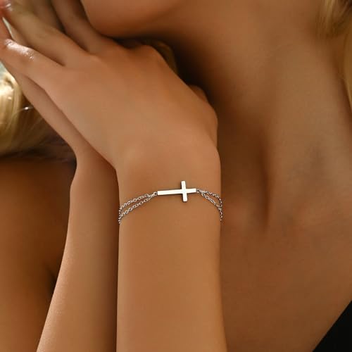 18K Gold Plated Pearl Beaded Cross Bracelets for Women Adjustable Stainless Steel Dainty Thin Gold Box Cuban Twisted Link Chain Bracelet Bridesmaid Jewelry Gifts - color: Double O Cross-White Gold