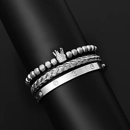 WFYOU 3PCS Stainless Steel Imperial Crown Bracelets for Men Gold Roman Numeral Bangle Bracelet Adjustable Cuff Bracelet Mens Luxury Jewelry Gifts - style: 01:Silver-Cubic Zirconia